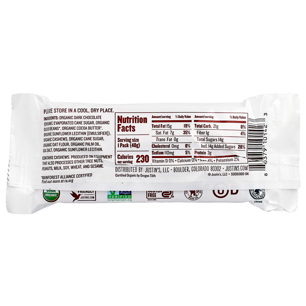 Justin's Nut Butter, сладости с органическим темным шоколадом и пастой из кешью, 2 шт., 40 г (1,4 унции)