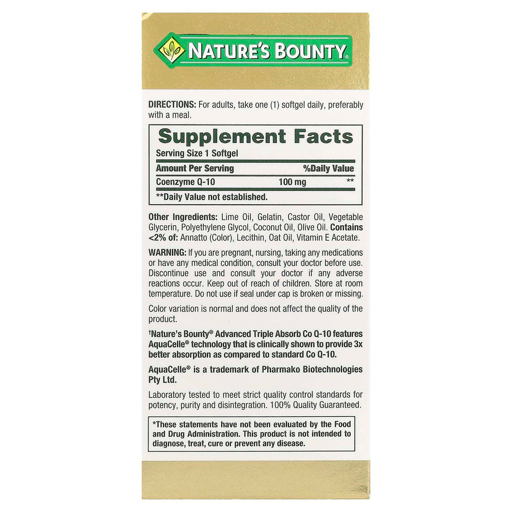Nature's Bounty, Advanced Triple Absorb CoQ-10, 90 мягких таблеток с быстрым высвобождением (100 мг в каждой капсуле)