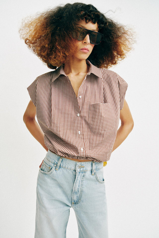ZARA УКОРОЧЕННАЯ РУБАШКА В КЛЕТКУ ВИШИ, КОРИЧНЕВЫЙ/БЕЛЫЙ