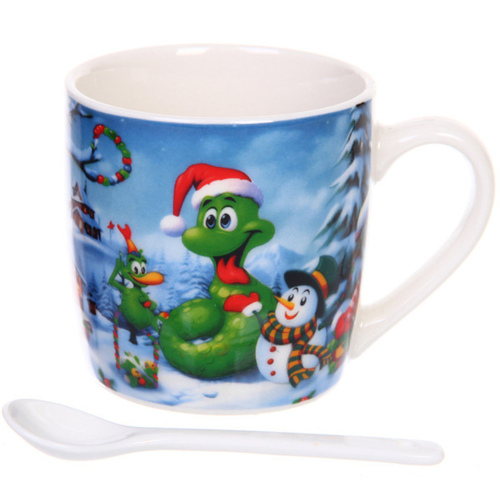 Кружка керамическая 200мл «Милый змей со снеговиком» с ложкой в подарочной коробке