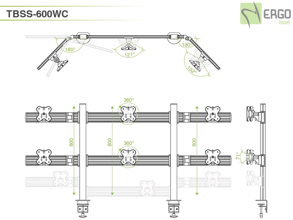 ErgoFount TBSS-600WC Настольное крепление для 6 мониторов диагональю до 24'' конфигурации 2х3 с зажимом к столу типа "С". Цвет - серебристый