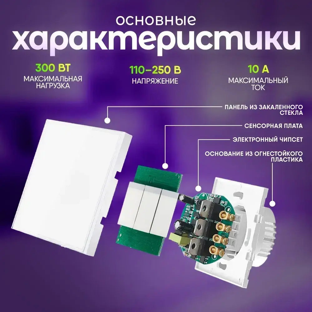 Сенсорный выключатель 2 сенсора, двухклавишный, панель из закаленного стекла с подсветкой, белый