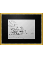 Картина, графика в паспарту 21х30 см на стену для интерьера "Хижины на сваях"