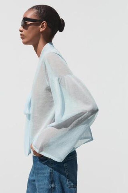 ZARA БЛУЗА ИЗ ПОЛУПРОЗРАЧНОГО ТРИКОТАЖА, НЕБЕСНО-ГОЛУБОЙ