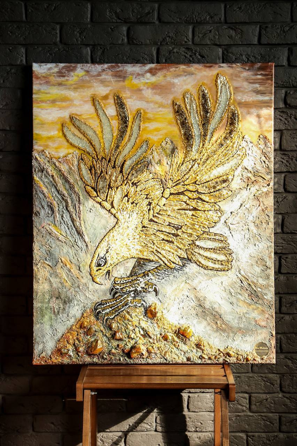 Зеркальная картина с горным хрусталем и раух топазом,на усиленном галлерейном холсте 80*100" Золотой Орел