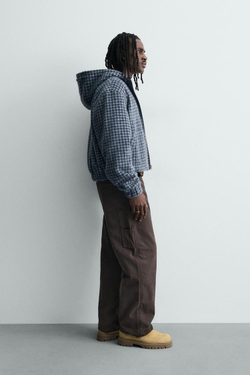 ZARA КУРТКА-РУБАШКА В КЛЕТКУ С ВЫШИВКОЙ И КАПЮШОНОМ, СИНИЙ/ЧЕРНЫЙ