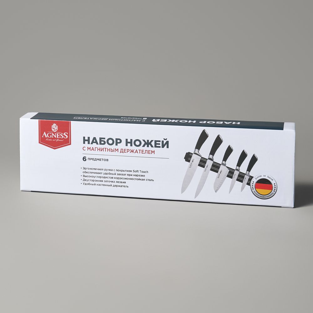 НАБОР НОЖЕЙ AGNESS "МОНБЛАН" 6 ПР.С МАГНИТНЫМ ДЕРЖАТЕЛЕМ И РУЧКОЙ ИЗ НЕРЖ.СТАЛИ