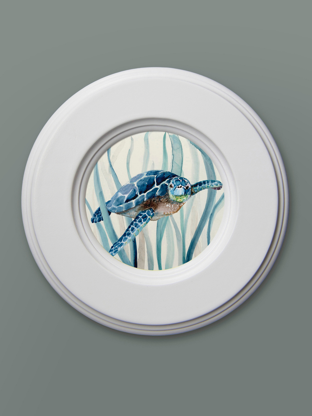 Картина на натуральном холсте в круглой деревянной раме "Морская черепаха"