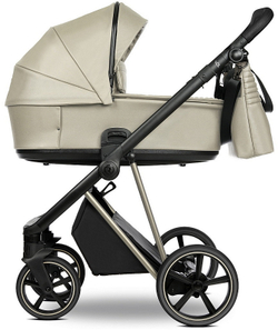 Детская коляска Roan Sol Vintage Luxury Leather 3 в 1 с автокреслом Tutis Elo Lux EduSky Black VEGA11DB Almond Sugar /Champagne/руч.Champagne