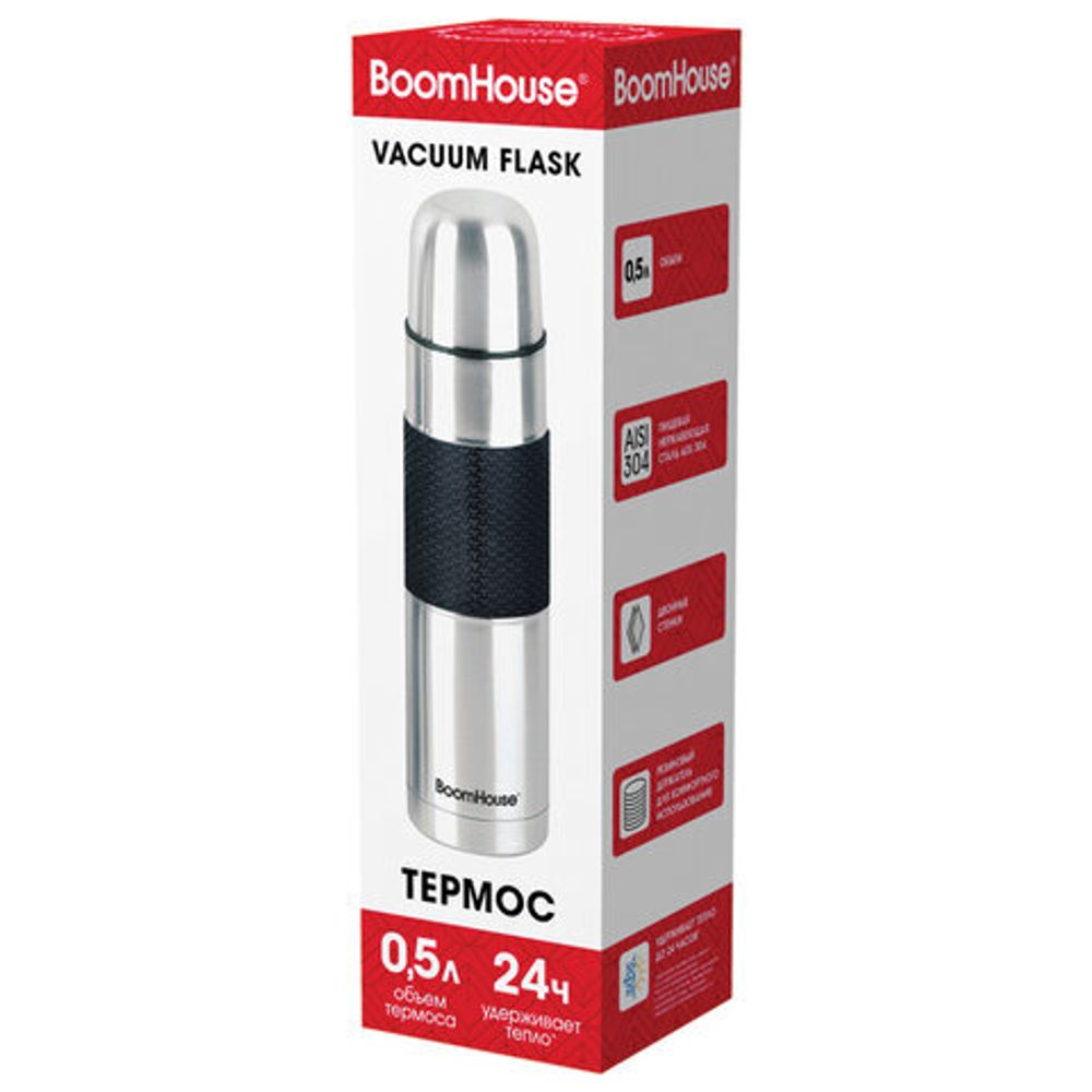 Термос 0,5 л, BOOMHOUSE (БУМХАУС) CLASSIC, нержавеющая сталь SUS304, черный силиконовый рукав, крышка/кружка, 700307