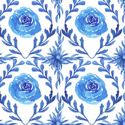 Синий узор из ботанических элементов на белом фоне