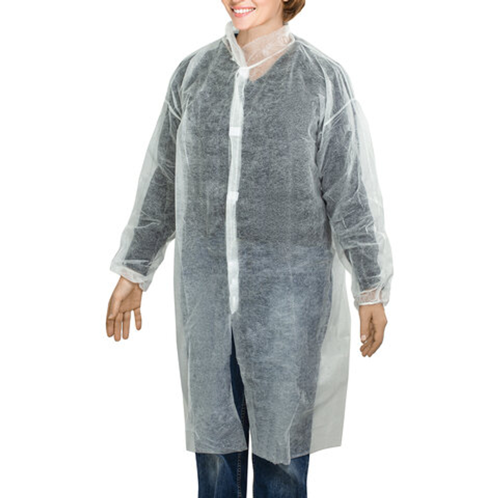 Халат одноразовый белый на липучках КОМПЛЕКТ 10 шт., XXL, 56-58 размер, 110 см, рукав на резинке, 25 г/м2, СНАБЛАЙН