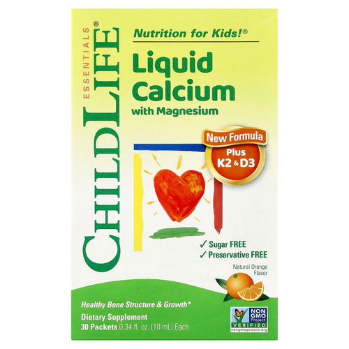 ChildLife Essentials, жидкий кальций с магнием + витамины K2 и D3, натуральный апельсин, 30 пакетиков, 10 мл (0,34 жидк. унции)