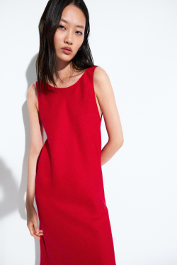 Massimo Dutti Льняное платье миди с глубоким вырезом на спине, красный