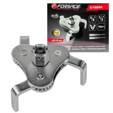 Съемник масляного фильтра ''краб''с ''плоским захватом''3/8''+адаптер 3/8''Мх1/2F (диаметр 60-115мм) Forsage F-61904A