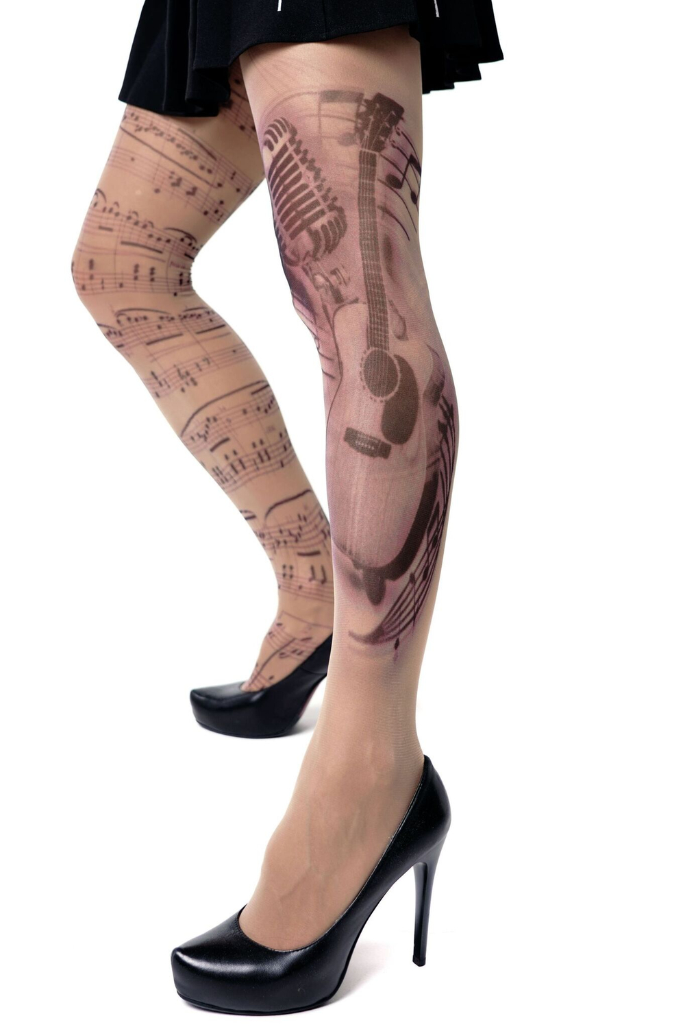 Колготки с принтом в виде нот и гитары (Размер: S-M-L) (Цвет: бежевый)