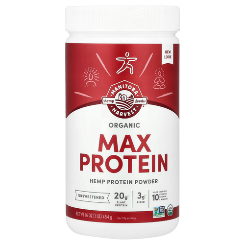 Manitoba Harvest, Organic Max Protein, протеин в порошке, без подсластителей, 454 г (1 фунт)