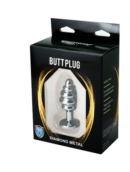 Анальная пробка металлическая ребристая с розовым кристаллом Fantasy Toys (S)