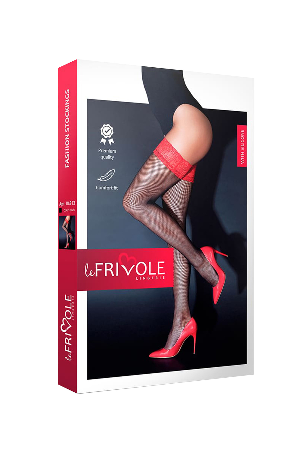 Чулки Le Frivole с красной кружевной резинкой на силиконе черные S/M