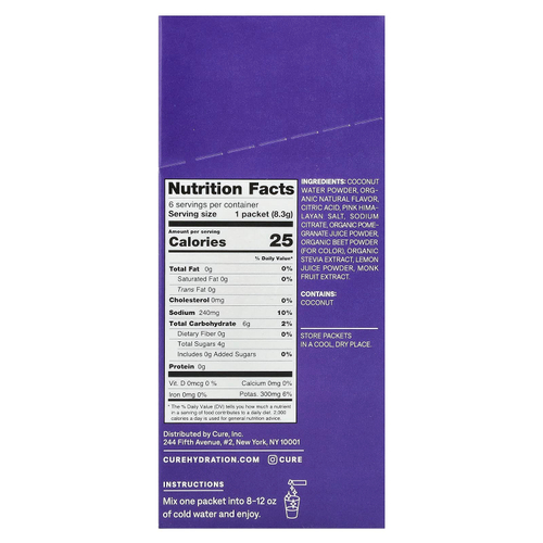 Cure Hydration, Kids, смесь для приготовления электролитов, ягодная смесь, 6 пакетиков по 8,3 г (0,29 унции)