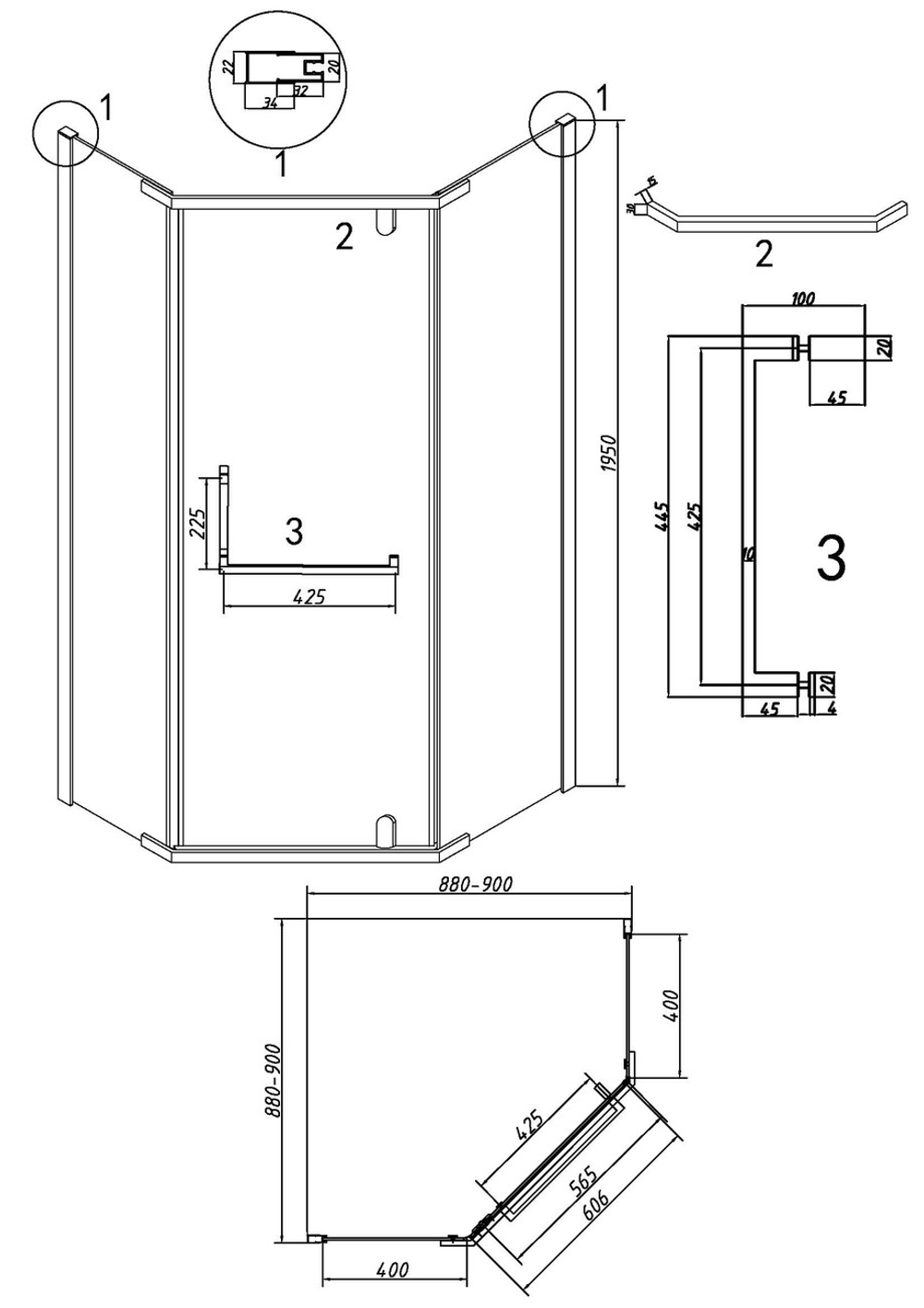 Душевое ограждение Grossman Pragma 302.K33.03.9090.42.00 (90х90х195) трапеция,распашная,графит сатин,стекло прозрачное, 1 место