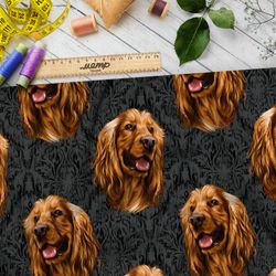 Ткань атлас счастливая собака на тёмном фоне