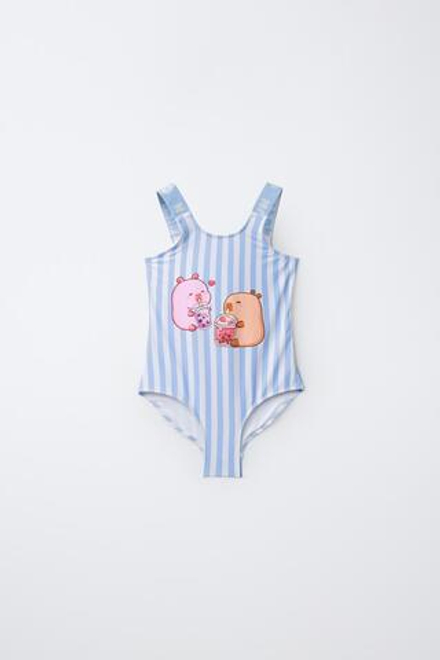 ZARA КУПАЛЬНИК В ПОЛОСКУ С КАПИБАРОЙ CAPYFUN ©, СИНИЙ