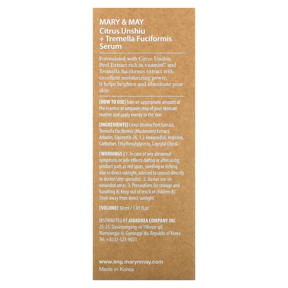 Mary & May, сыворотка с цитрусами уншиу и тремеллой фукусовидной (Tremella fuciformis), 30 мл (1,01 жидк. унции)