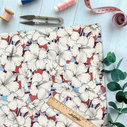 Ткань лён белые пышные цветы на голубом фоне