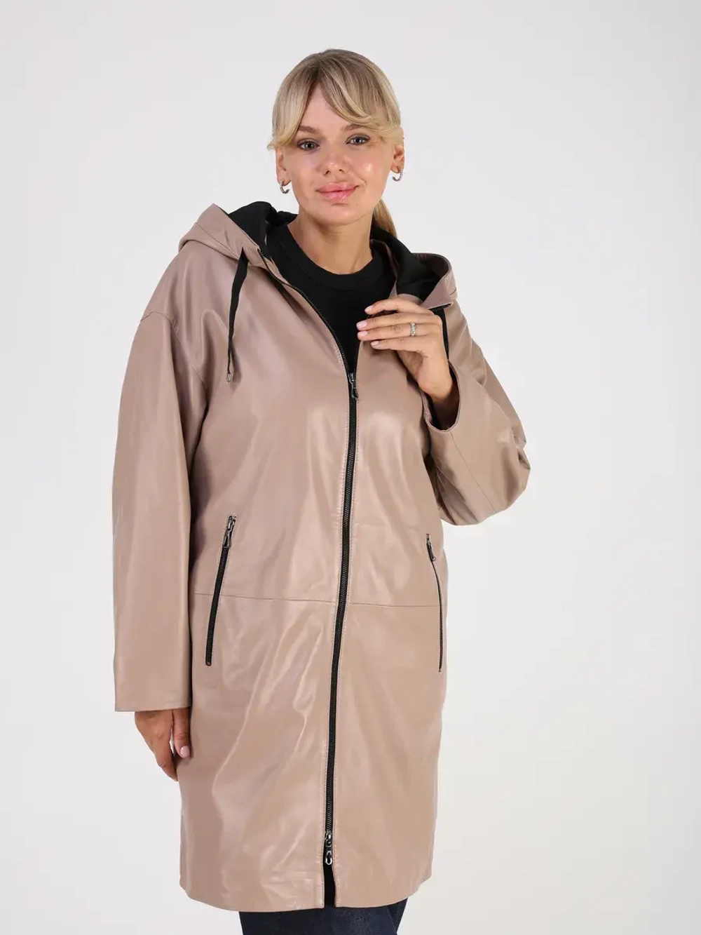 Кожаная куртка демисезонная с капюшоном длинная