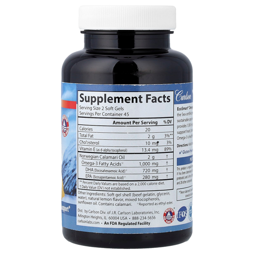 Carlson, EcoSmart®, омега-3 из норвежской рыбы дикого улова, натуральный лимонный вкус, 90 капсул