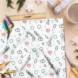 Ткань блэкаут мелкий врачебный инвентарь на белом фоне