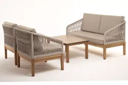 "Канны" лаунж-зона 4-местная из роупа со столиком "Канны" цвета "дуб", основание дуб, роуп бежевый