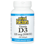 Natural Factors, Витамин D3, 125 мкг (5000 МЕ), 240 мягких таблеток