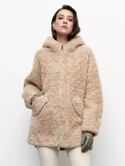Шуба чебурашка с капюшоном, бежевая, Северина