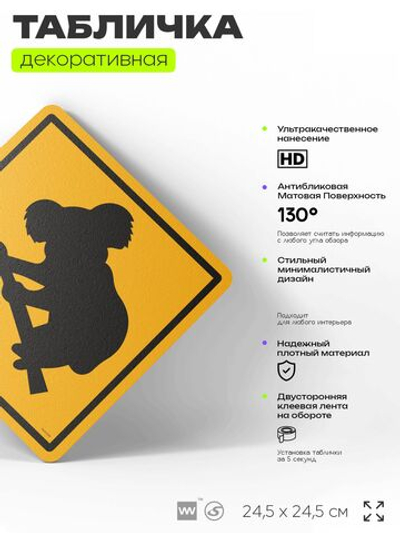 Табличка прикольная "Осторожно, коалы" на дверь и стену, информационная и предупреждающая, декоративный знак, 24,5х24,5 см, пластиковая, Айдентика Технолоджи