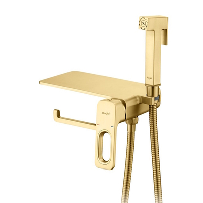 Гигиенический душ со смесителем встраиваемый с полкой и бумагодержателем Raglo R51.55.03, сатин золотой