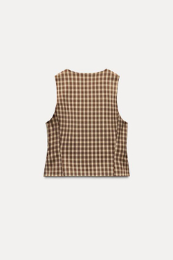 ZARA ТОП ОБЛЕГАЮЩЕГО КРОЯ В КЛЕТКУ БЕЗ РУКАВОВ, ОТТЕНОК КОРИЧНЕВОГО