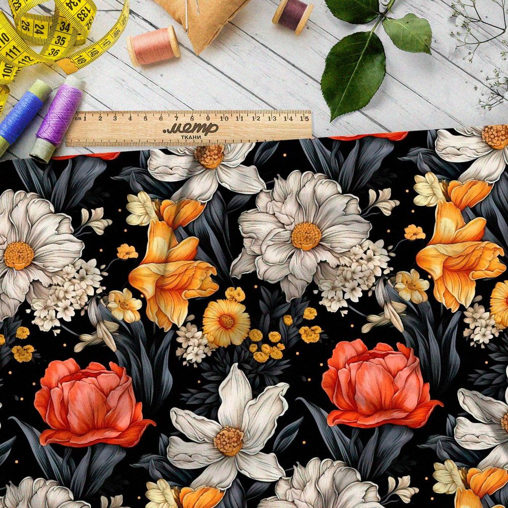 Ткань премиум сатин яркие цветочные акценты на черном