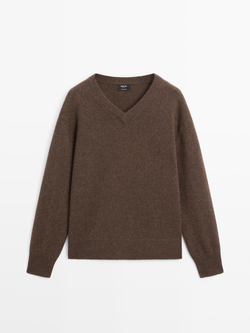 Massimo Dutti Свитер из 100% кашемира с V-образным вырезом, коричневый