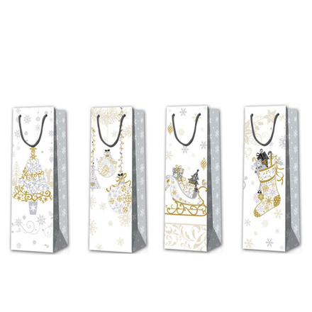 Пакет подар. бум. новогодн. (под бутылку) 36*12*9 см 210 гр/м2 "Золото праздника" микс дизайнов