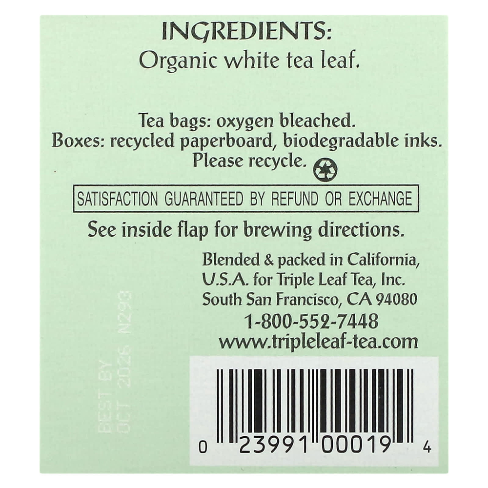 Triple Leaf Tea, белый чай, 20 чайных пакетиков, 38 г (1,34 унции)