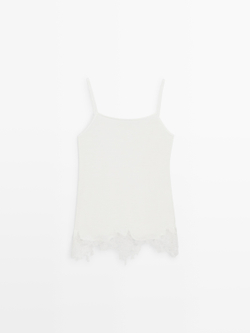 Massimo Dutti Топ в бельевом стиле с кружевом, натуральный/кремовый
