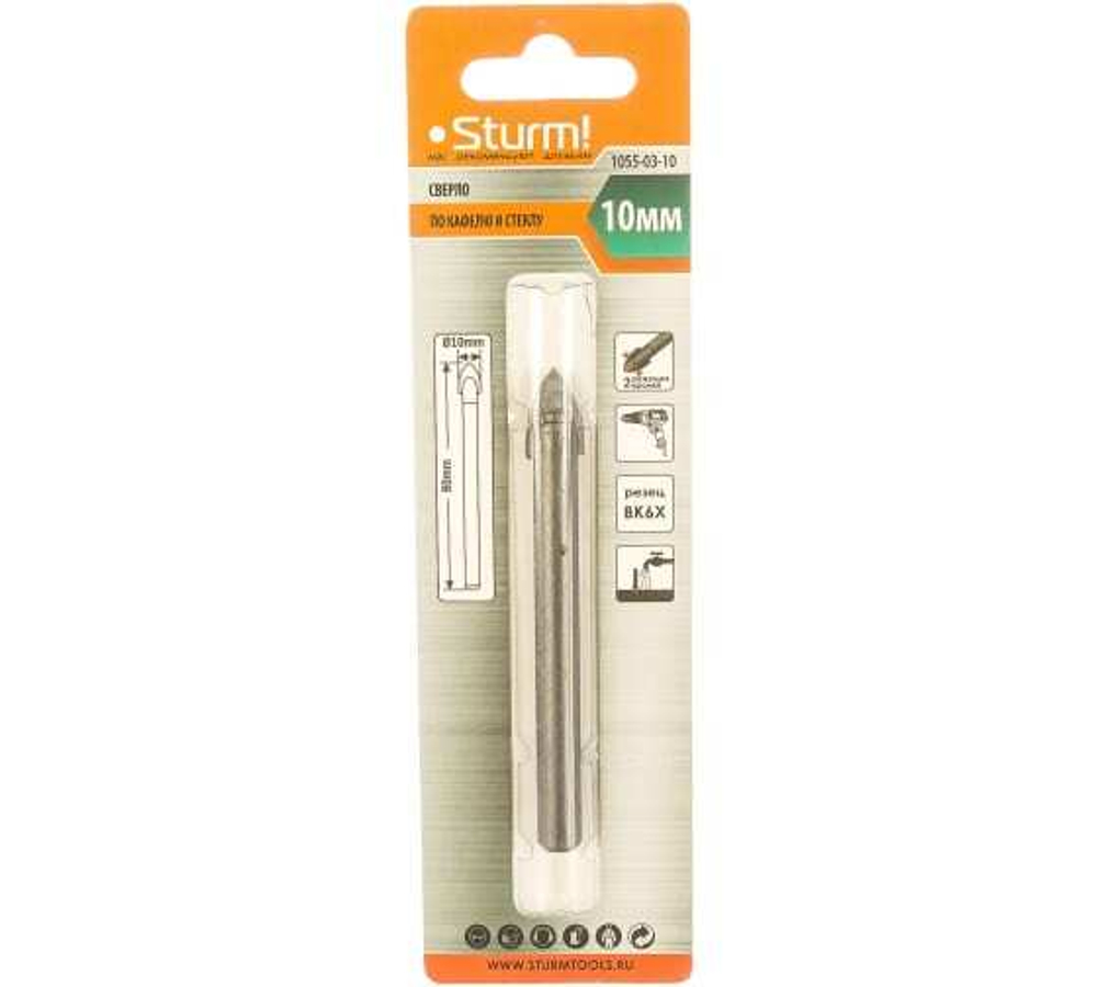 СВЕРЛО ПО СТЕКЛУ И КАФЕЛЮ D10ММ КРУГ/ХВОСТ STURM! 1055-03-10