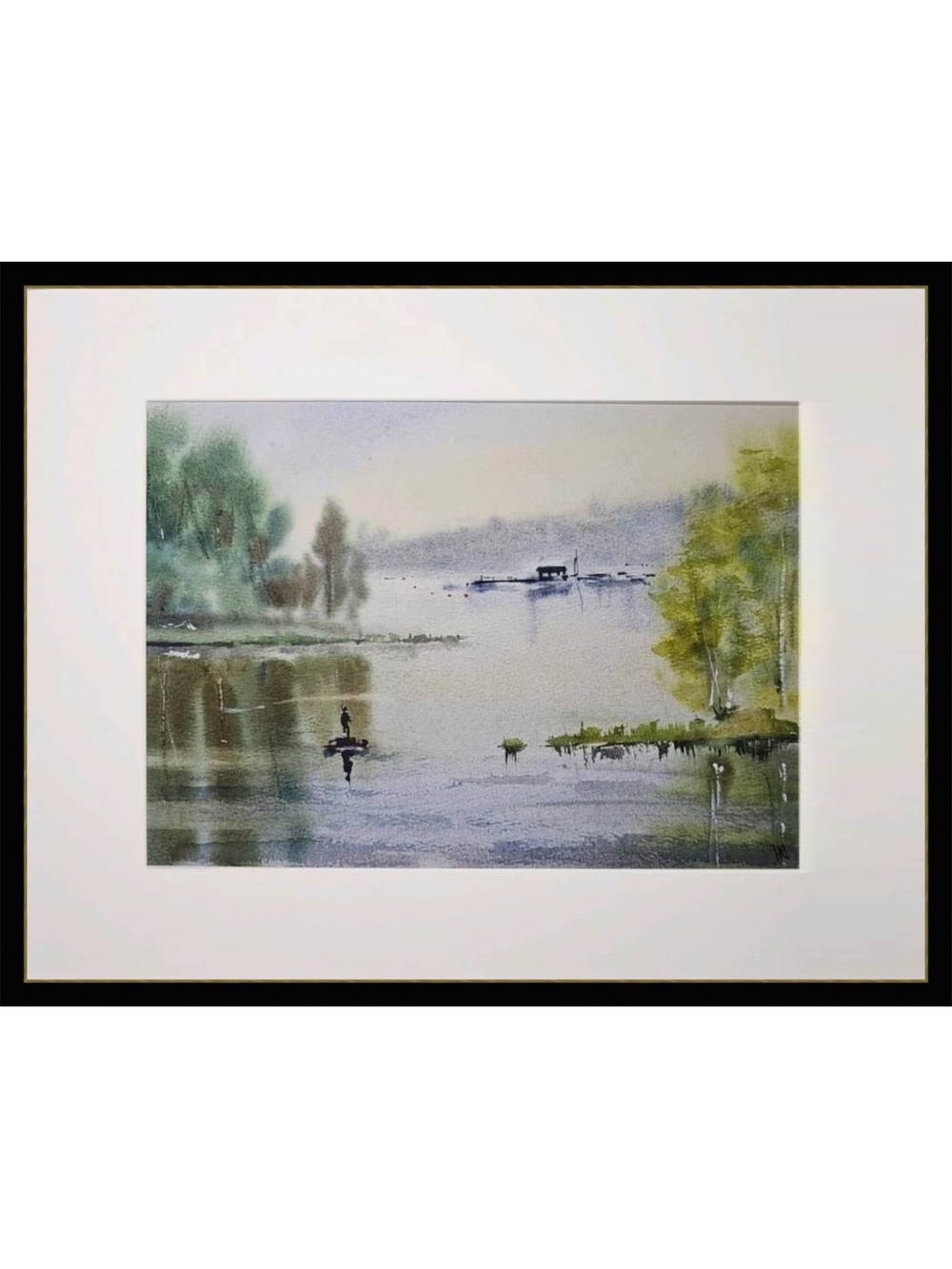 Картина авторская акварельная в паспарту 30х40 см на стену для интерьера "Туманное утро на Ладоге"