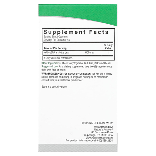 Nature's Answer, крапива, 90 вегетарианских капсул (300 мг в 1 капсуле)