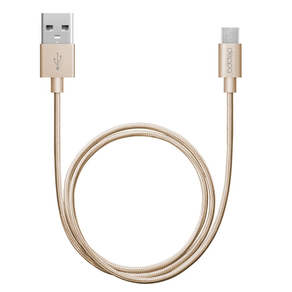 Deppa Alum USB Type-C - USB Type-C, алюминий/нейлон, USB 2.0, 3A, 1.2м, 1.2м, золото, Deppa 7 Кабель