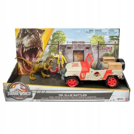 Фигурка Динозавра Mattel Jurassic World - Мир Юрского периода - Фигурки Элли Сэттлер с машиной и динозавром HLN16