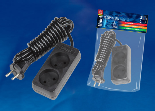 S-CD2-3 BLACK Удлинитель серии Standart, шнур 3м., 2 гнезда, б/з. Черный. TM Uniel.