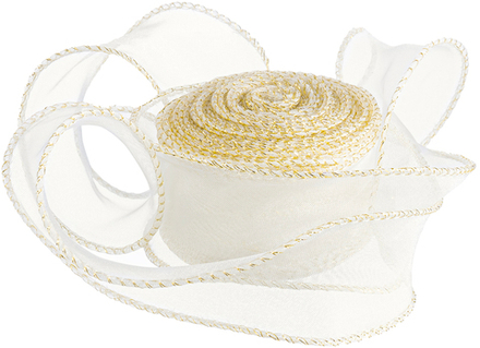 Лента декоративная (4 см*9,14 м) Органза с леской, Золотая кайма, Кремовый, 1 шт.